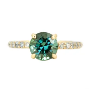 1.47ct Teal Green Tourmaline Solitaire Ring  with Diamonds in 14k Yellow Gold