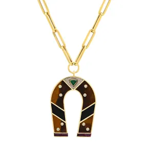 14K Yellow Gold Tiger's Eye and Onyx Horseshoe Necklace