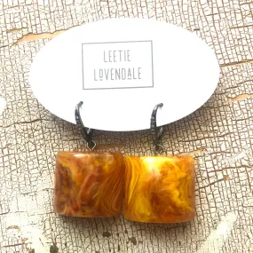 Amber Honey Marbled Moonglow Cube & CZ Bling Drop Earrings