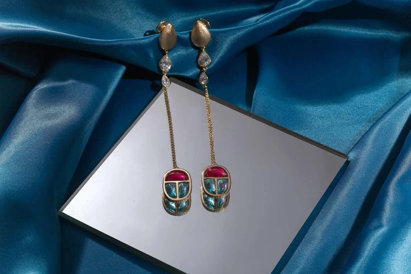 AMMANII Gemstone Scarab Drop Earrings in Vermeil Gold