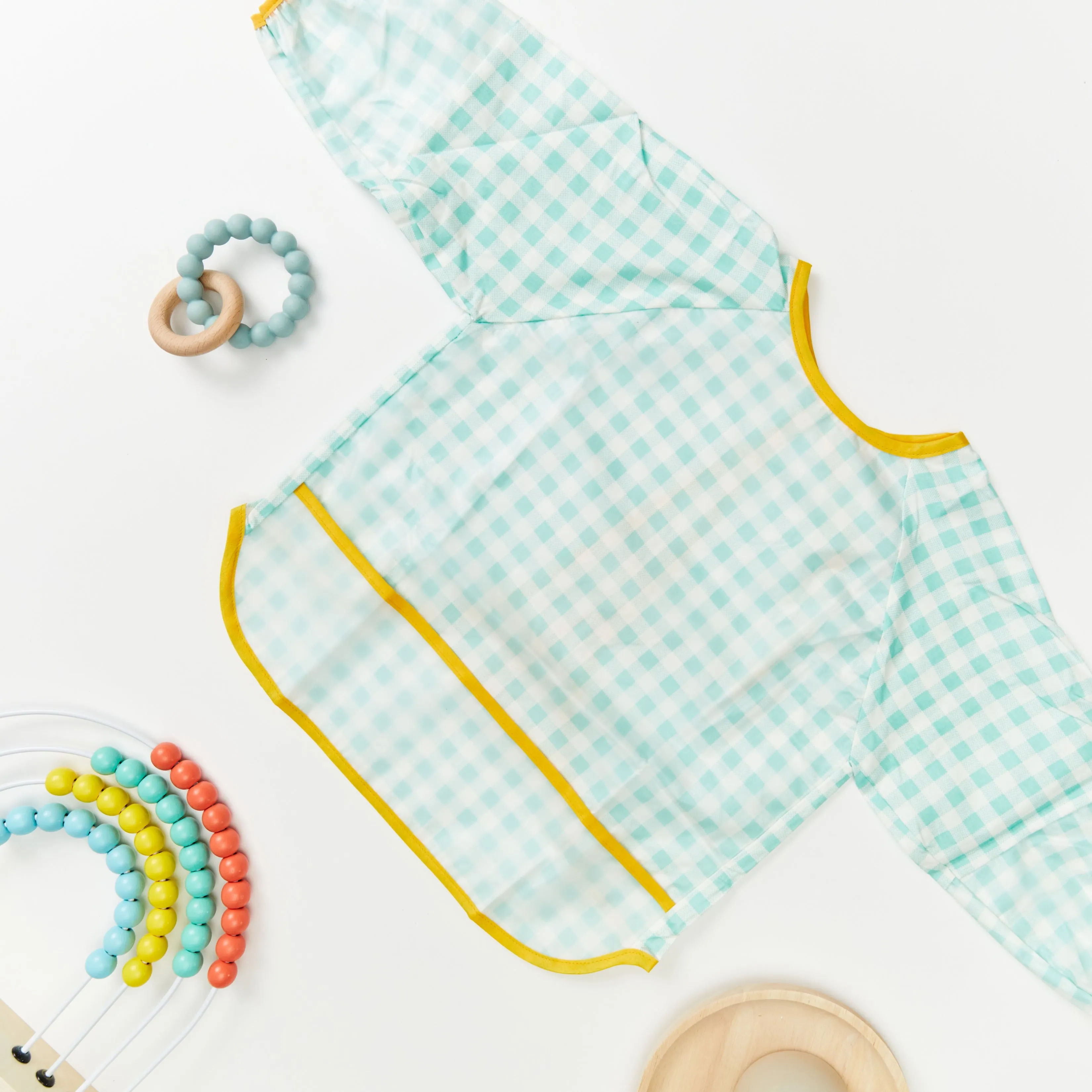 Baby Long Sleeve Apron Smock Bib Gingham Teal