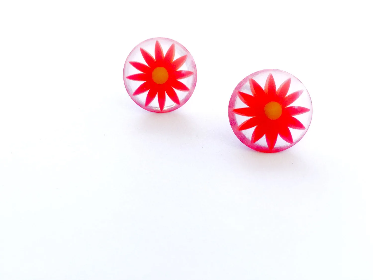 Bright Orange Daisy Disc Stud Earrings