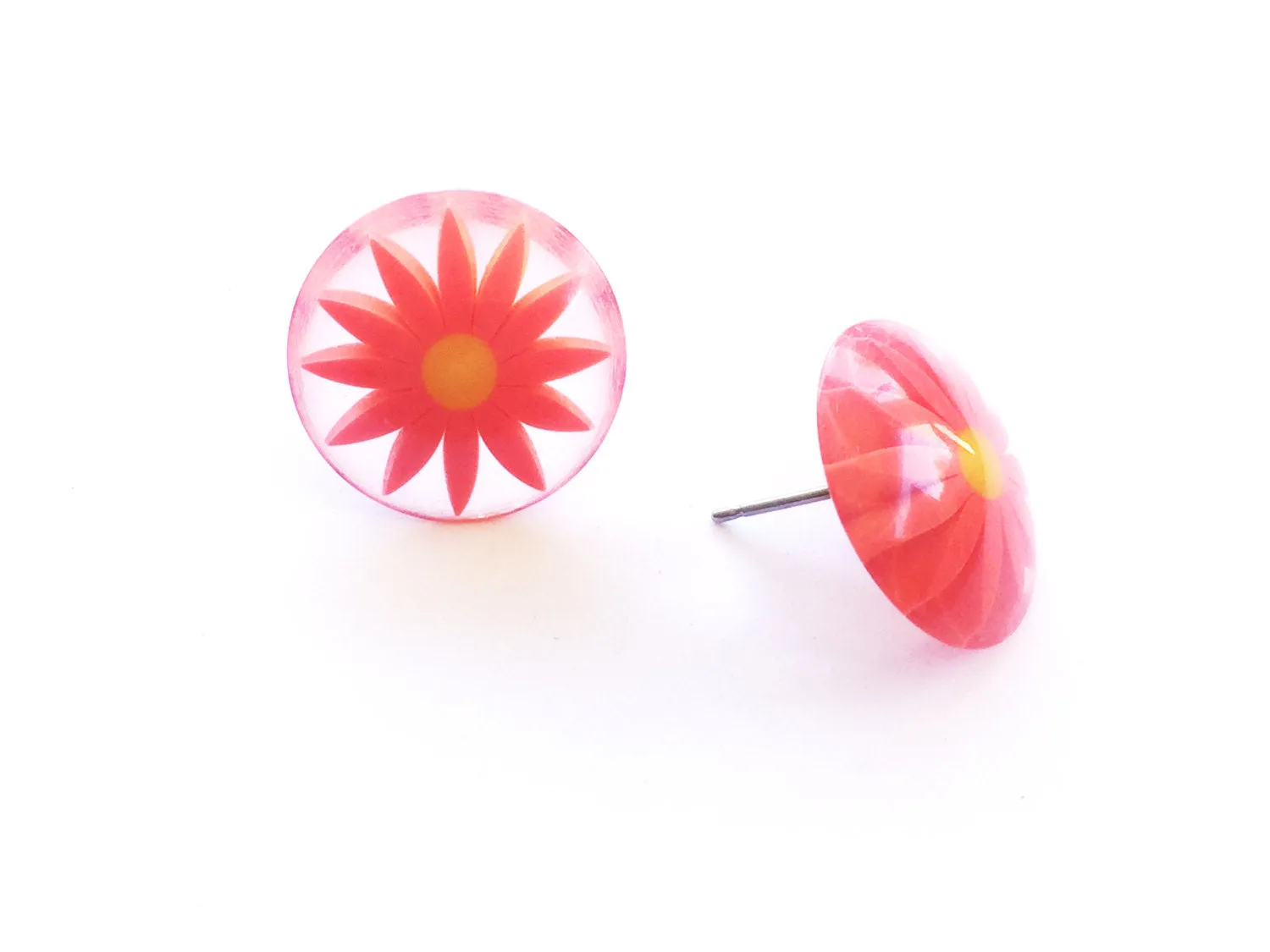 Bright Orange Daisy Disc Stud Earrings