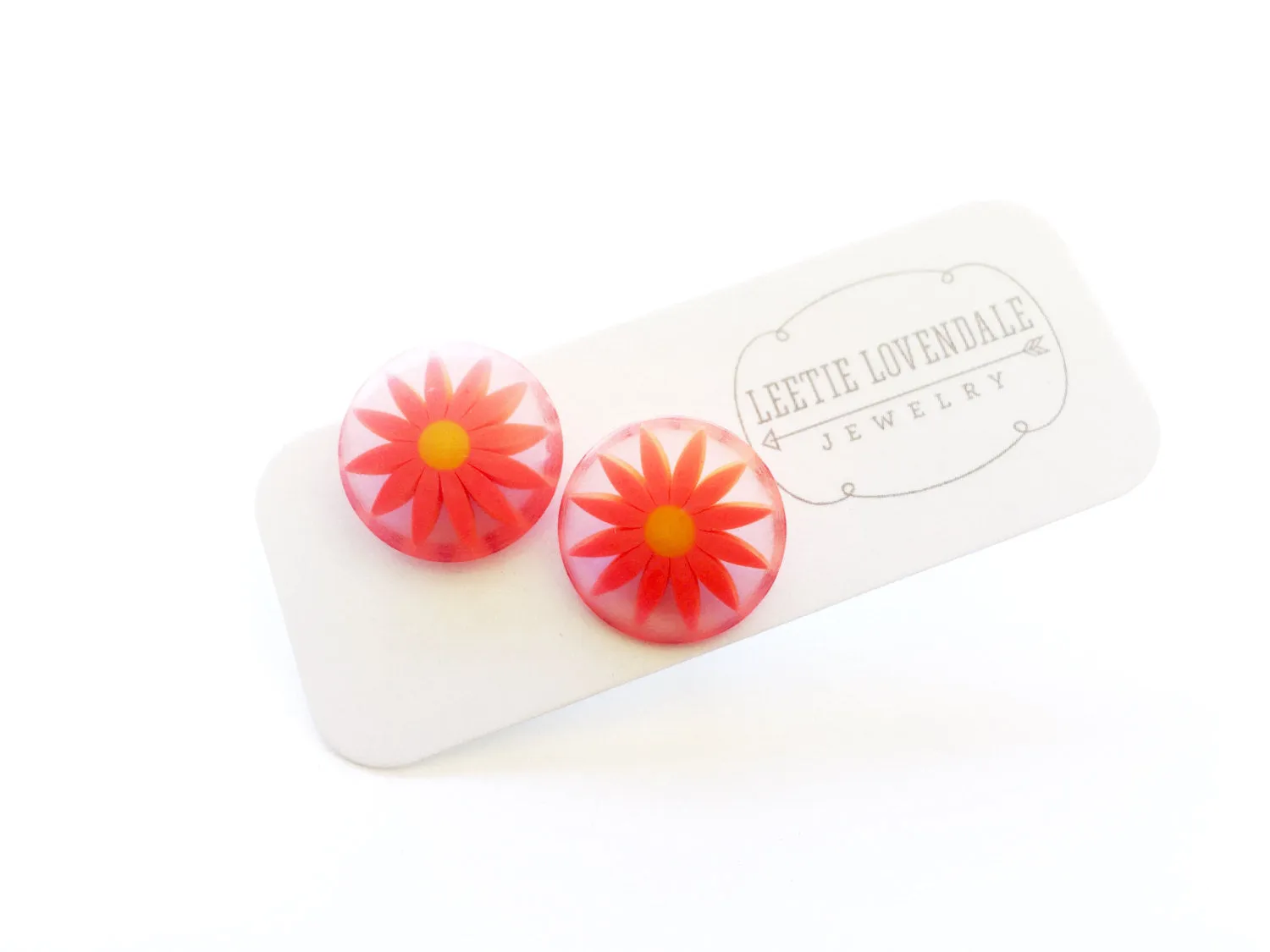 Bright Orange Daisy Disc Stud Earrings