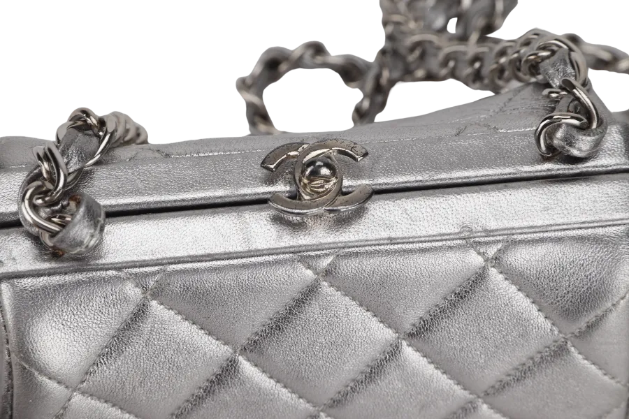 CHANEL VINTAGE TIMELESS FRAME BAG MINI QUILTED SILVER METALLIC LAMBSKIN SILVER HARDWARE (458xxxx)