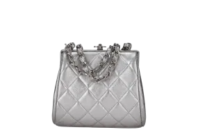 CHANEL VINTAGE TIMELESS FRAME BAG MINI QUILTED SILVER METALLIC LAMBSKIN SILVER HARDWARE (458xxxx)