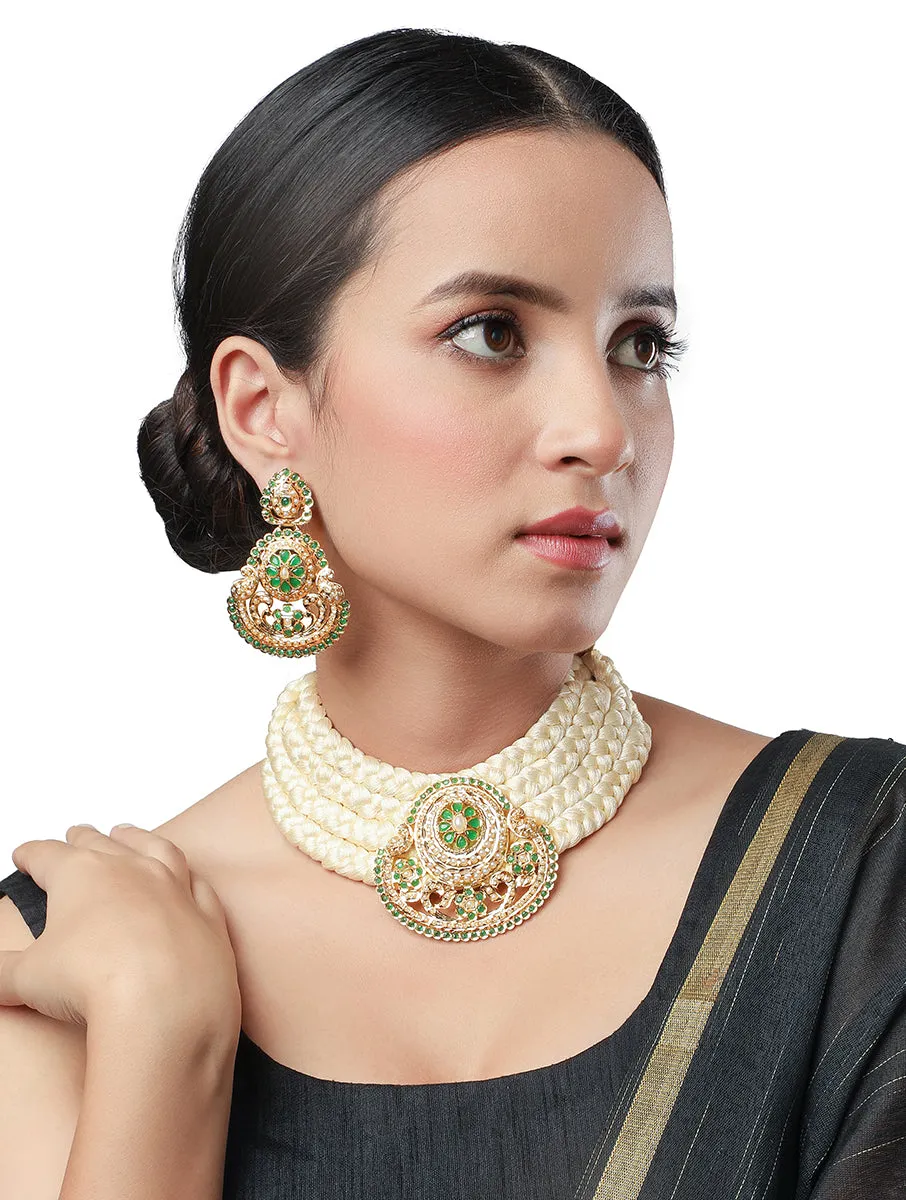 Golden, Creme and Green Kundan Necklace Set