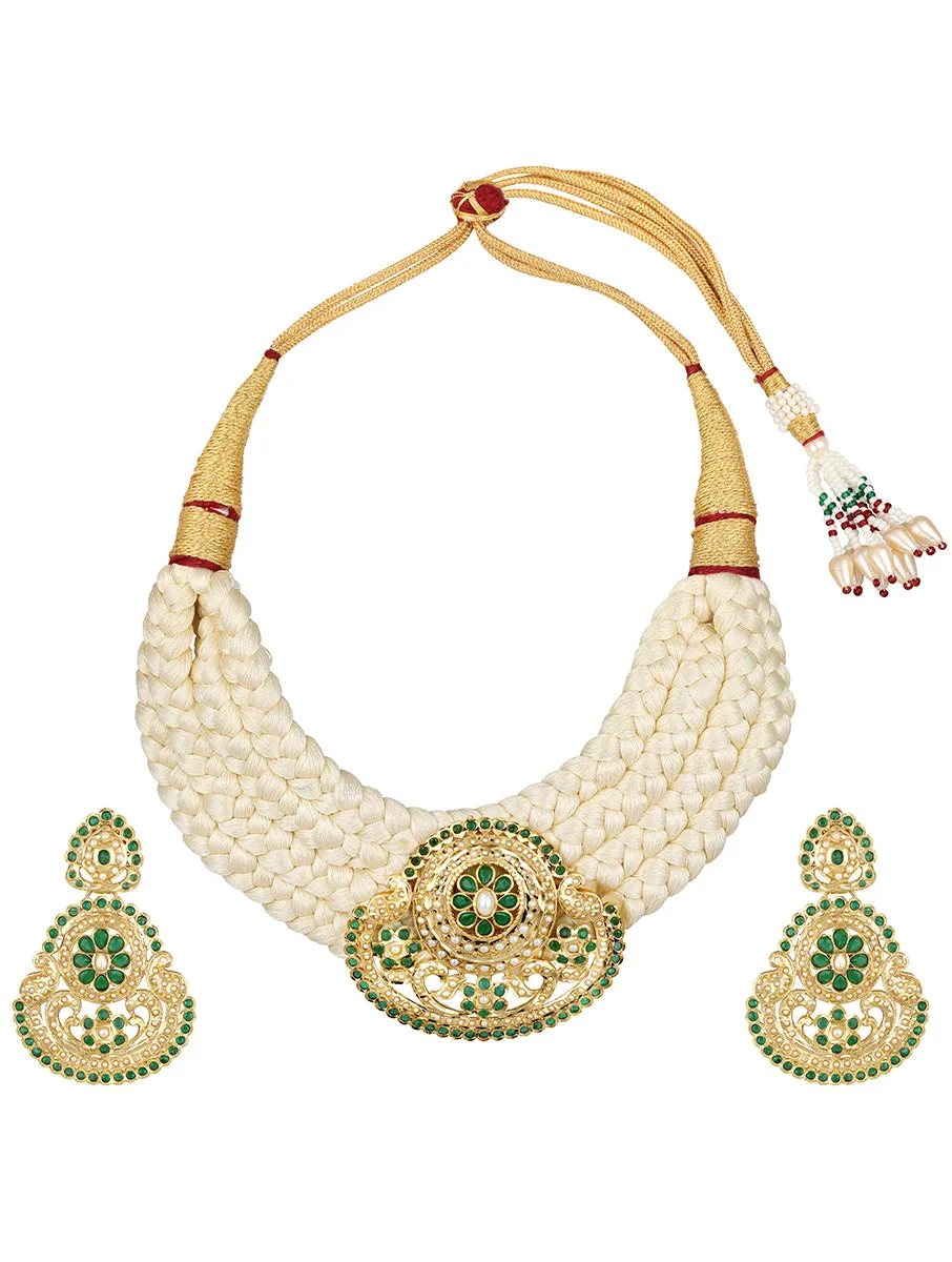 Golden, Creme and Green Kundan Necklace Set