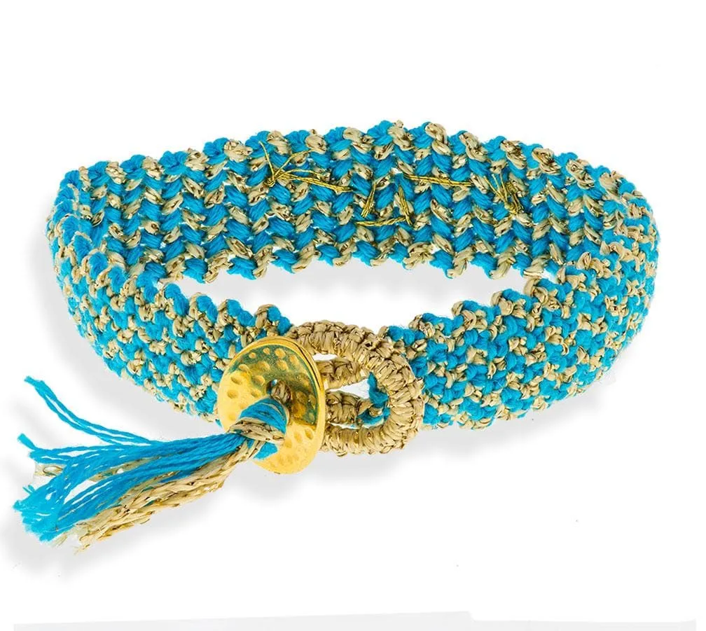 Handmade Macrame Turquoise Gold Bracelet With Gold Plated Silver Hearts