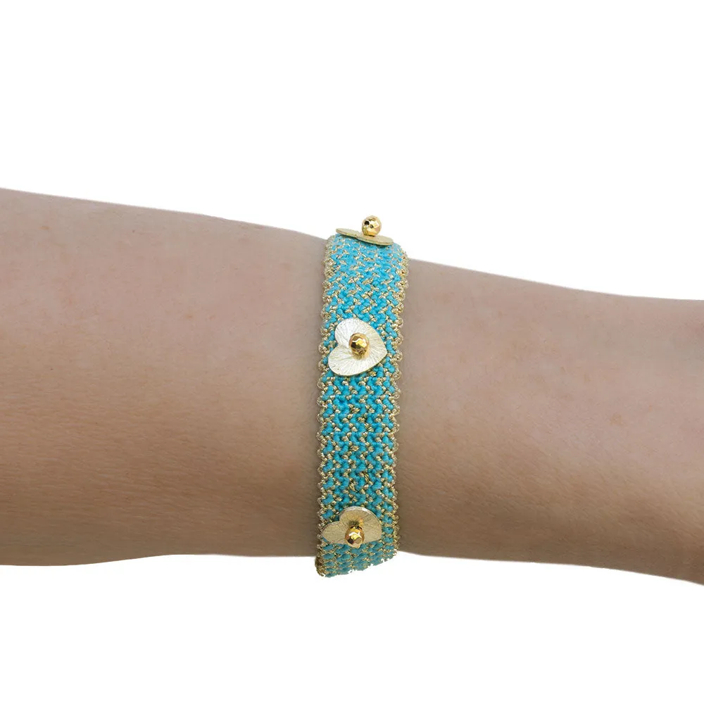 Handmade Macrame Turquoise Gold Bracelet With Gold Plated Silver Hearts