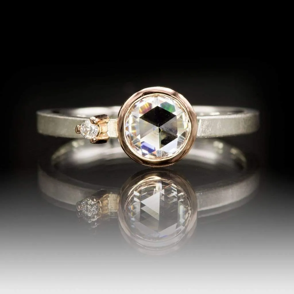 Mixed Metal Bezel Set Rose Cut Moissanite & Accent Engagement Stacking Ring