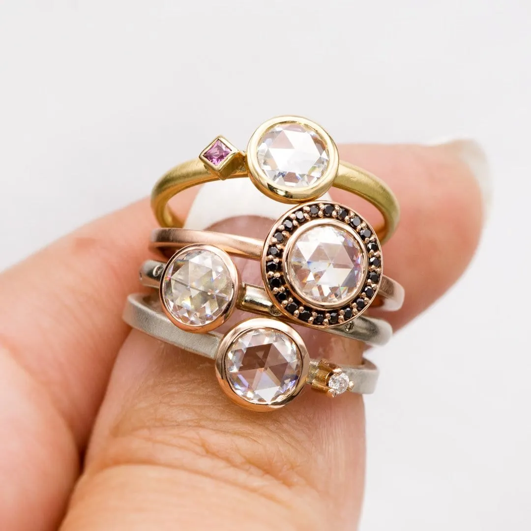 Mixed Metal Bezel Set Rose Cut Moissanite & Accent Engagement Stacking Ring