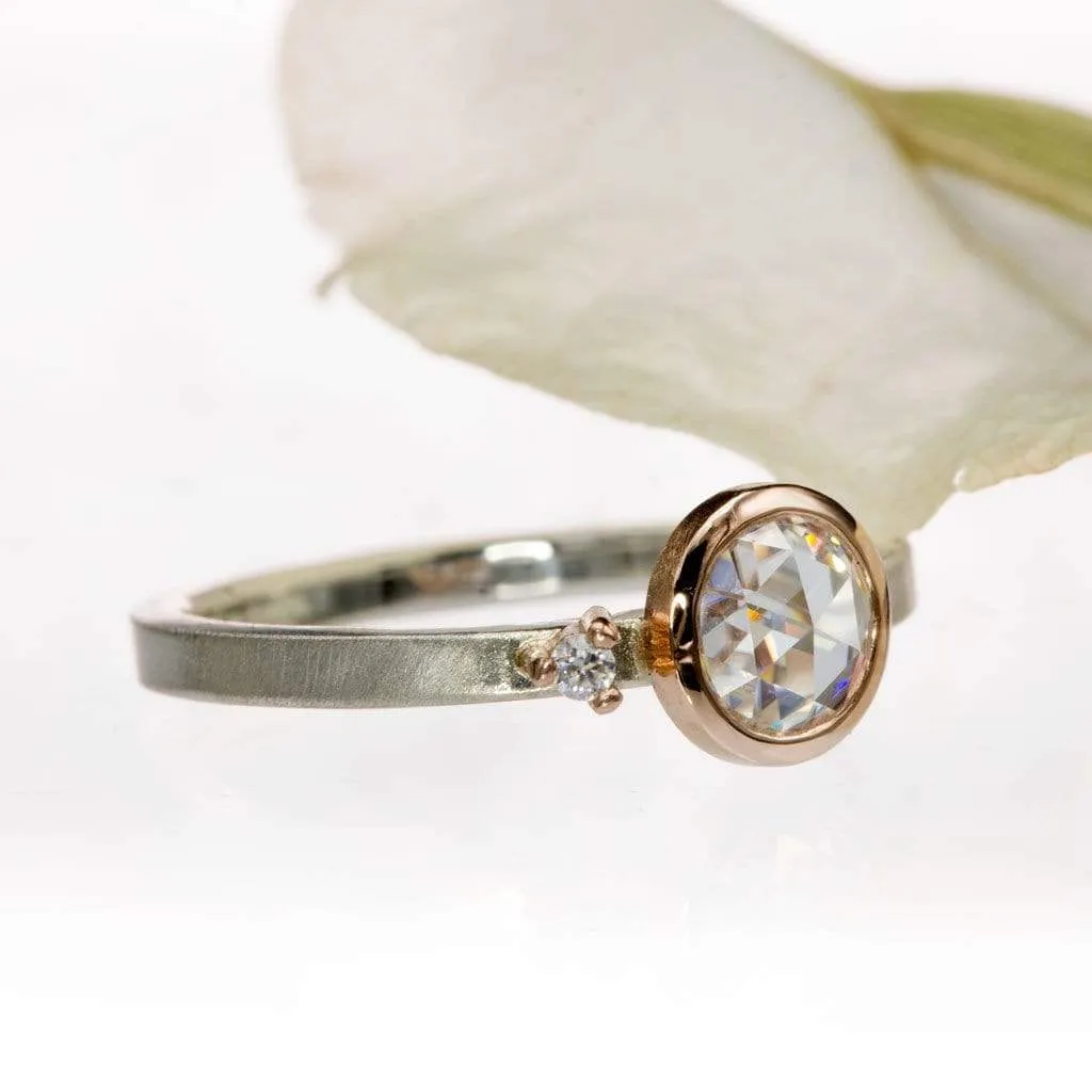 Mixed Metal Bezel Set Rose Cut Moissanite & Accent Engagement Stacking Ring