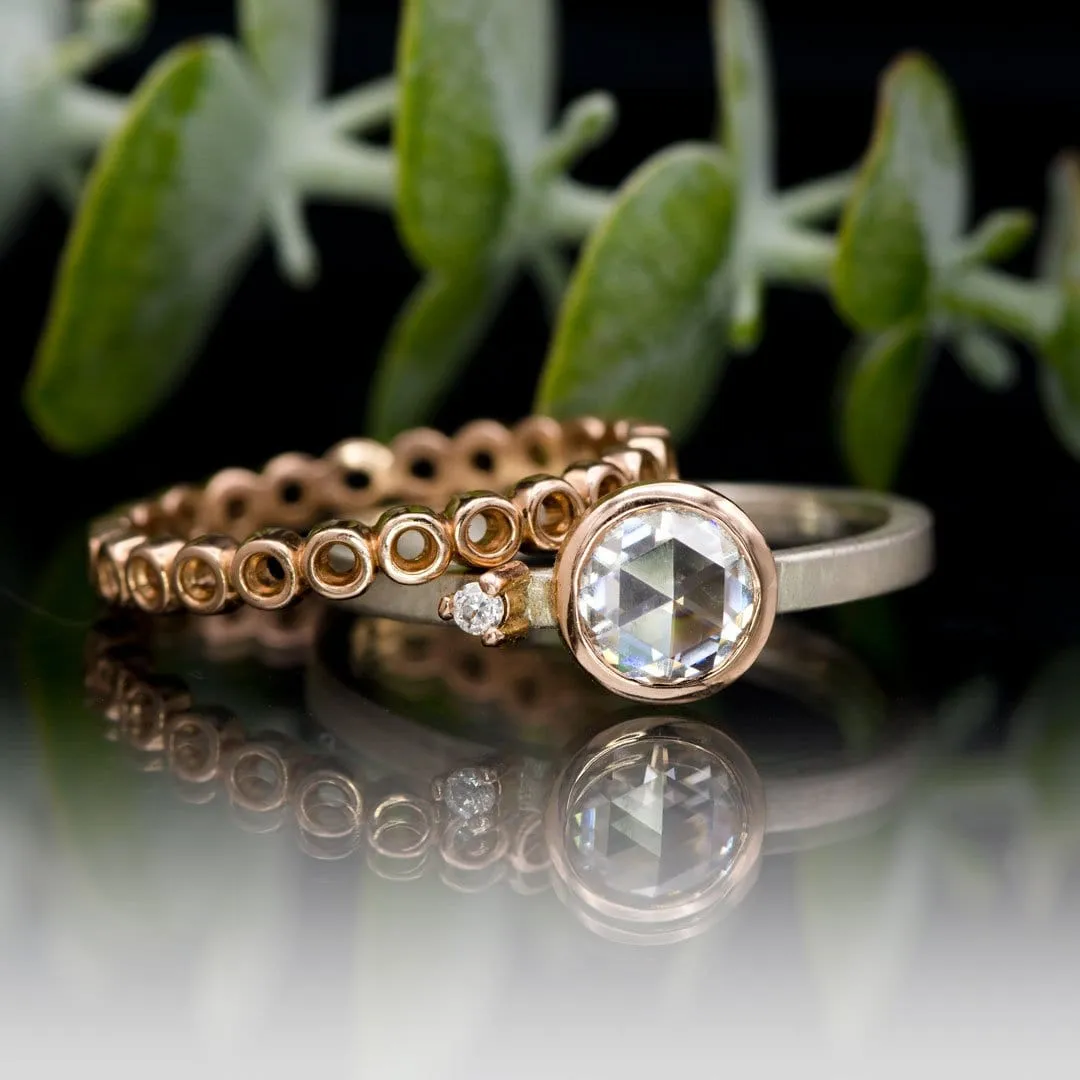 Mixed Metal Bezel Set Rose Cut Moissanite & Accent Engagement Stacking Ring