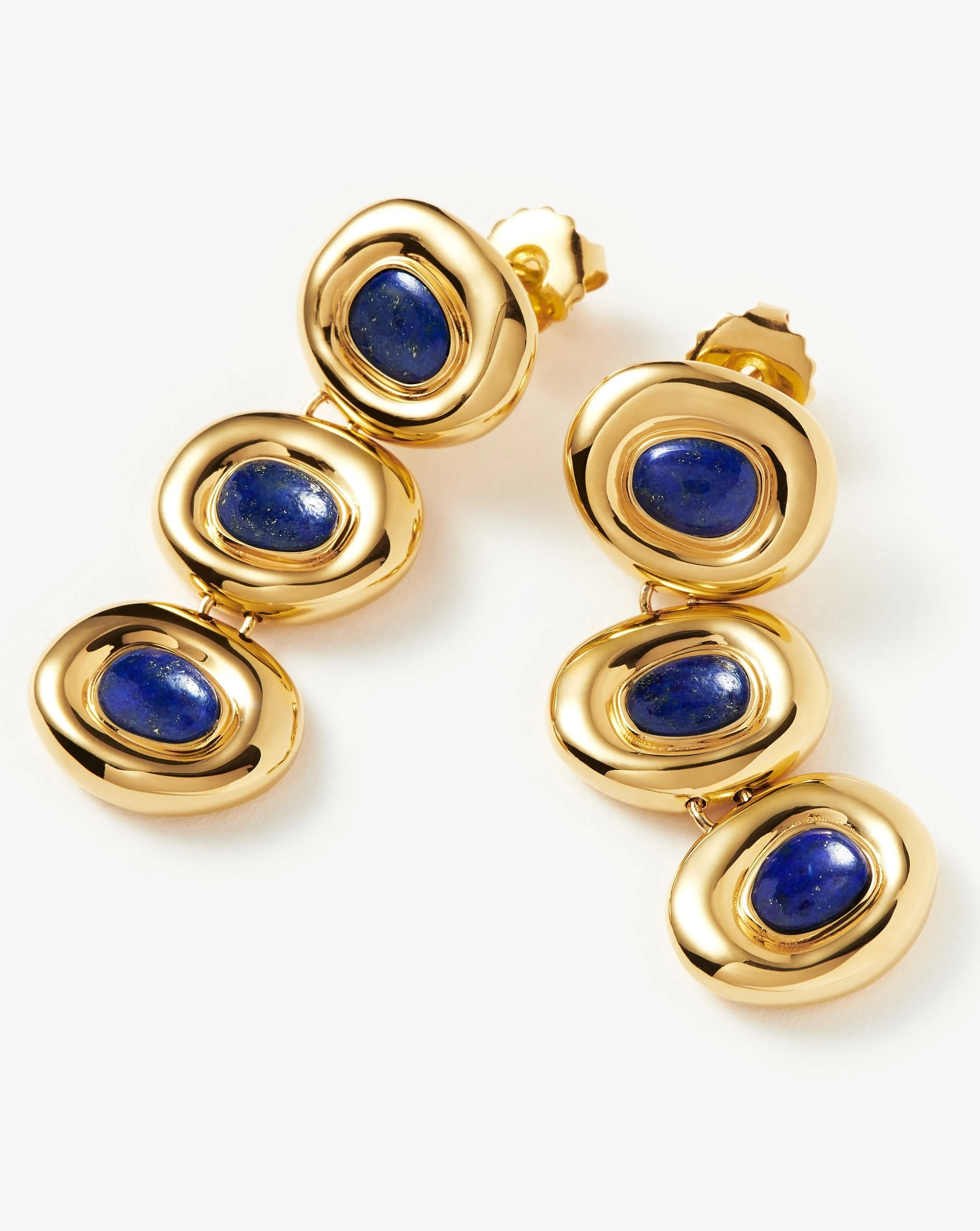 Molten Gemstone Doughnut Triple Charm Drop Earrings | 18ct Gold Plated/Lapis