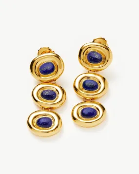 Molten Gemstone Doughnut Triple Charm Drop Earrings | 18ct Gold Plated/Lapis