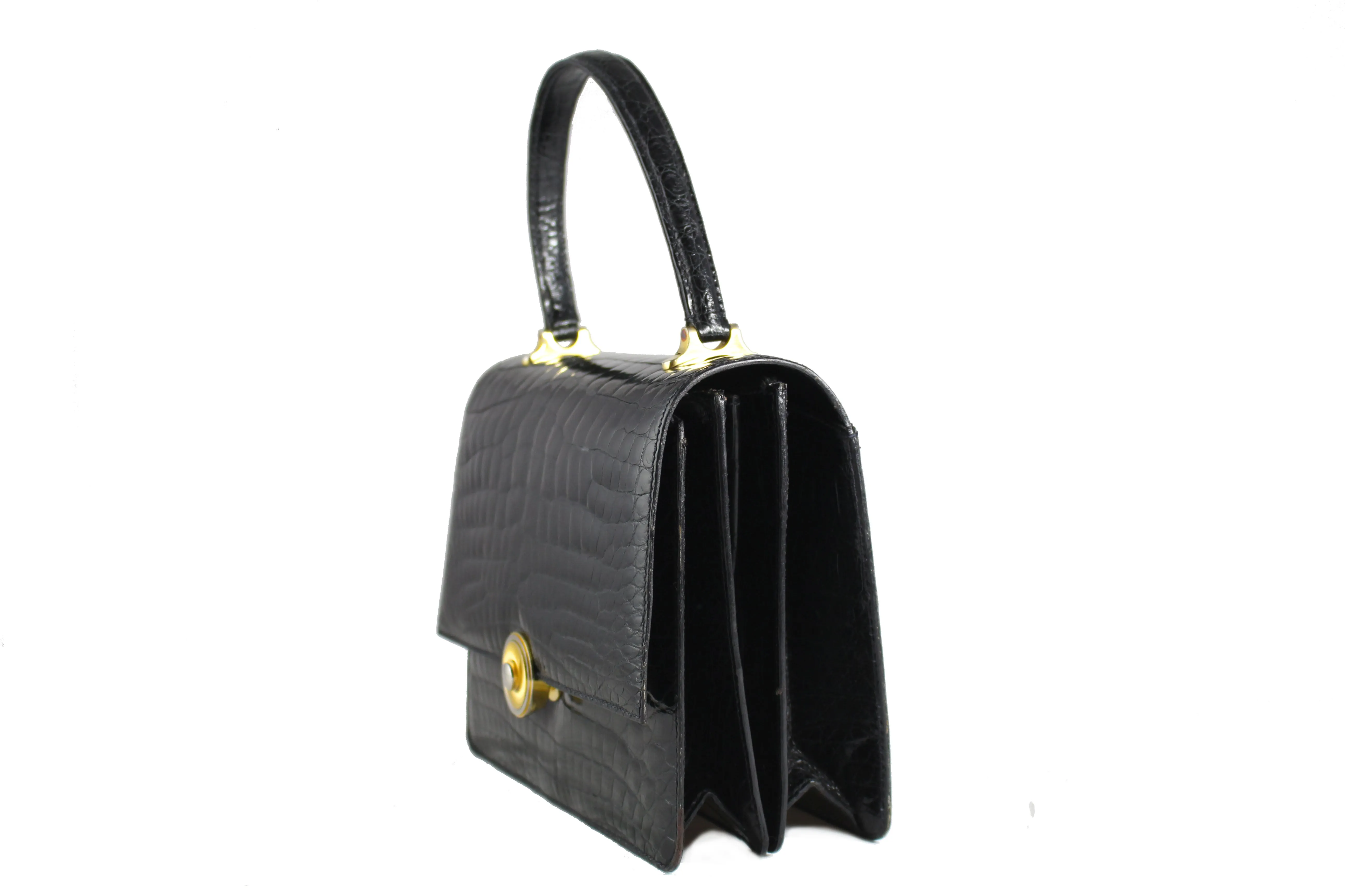 ORLAN jet black crocodile skin flap handbag with central clasp