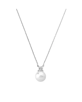 Rhodium Plated Short Necklace for Women with 12mm White Round Pearl and Zircons, 16.5 Length, Selene Collection