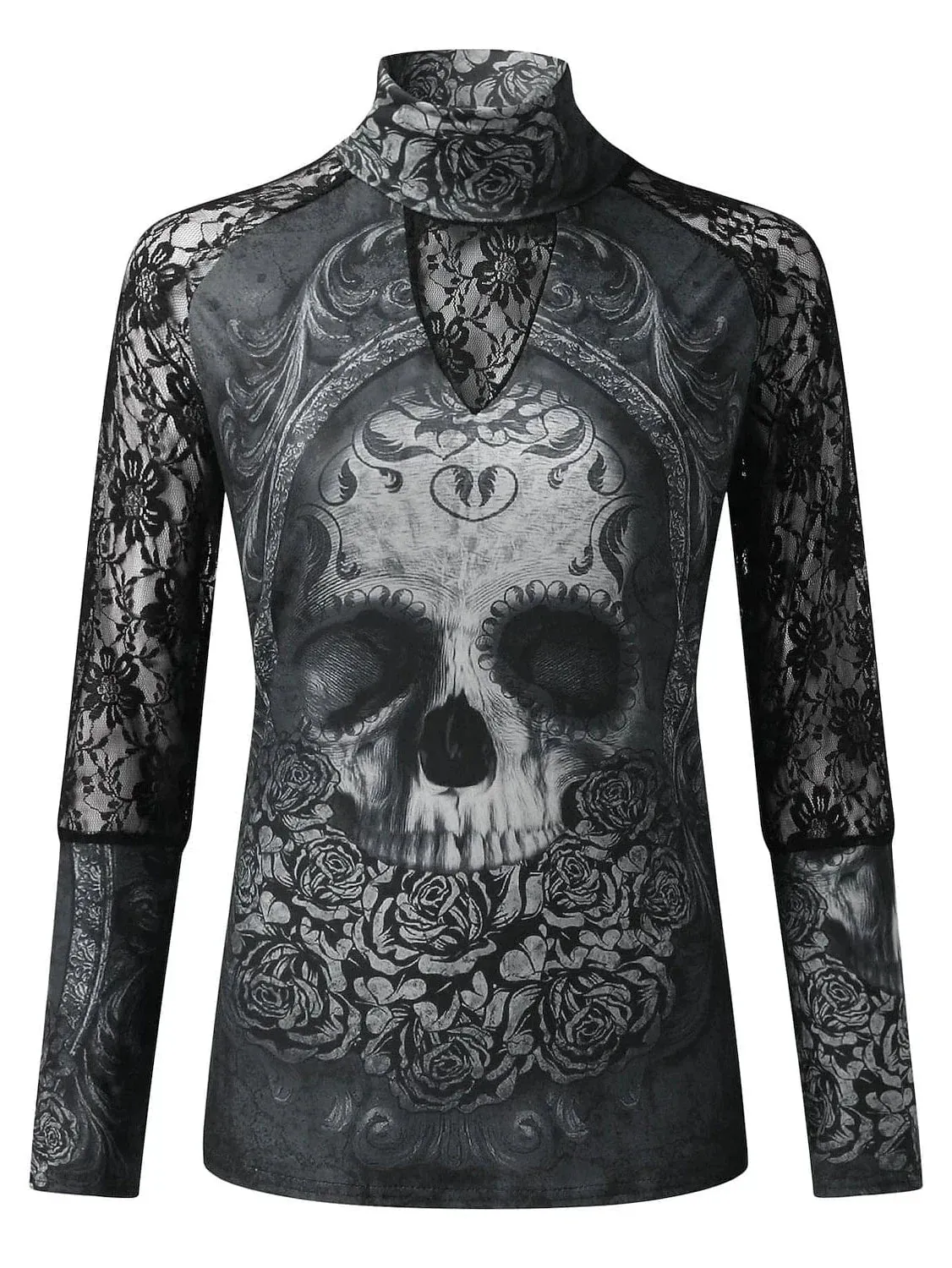 Skull Lace Print Long Sleeve Women's T-shirt