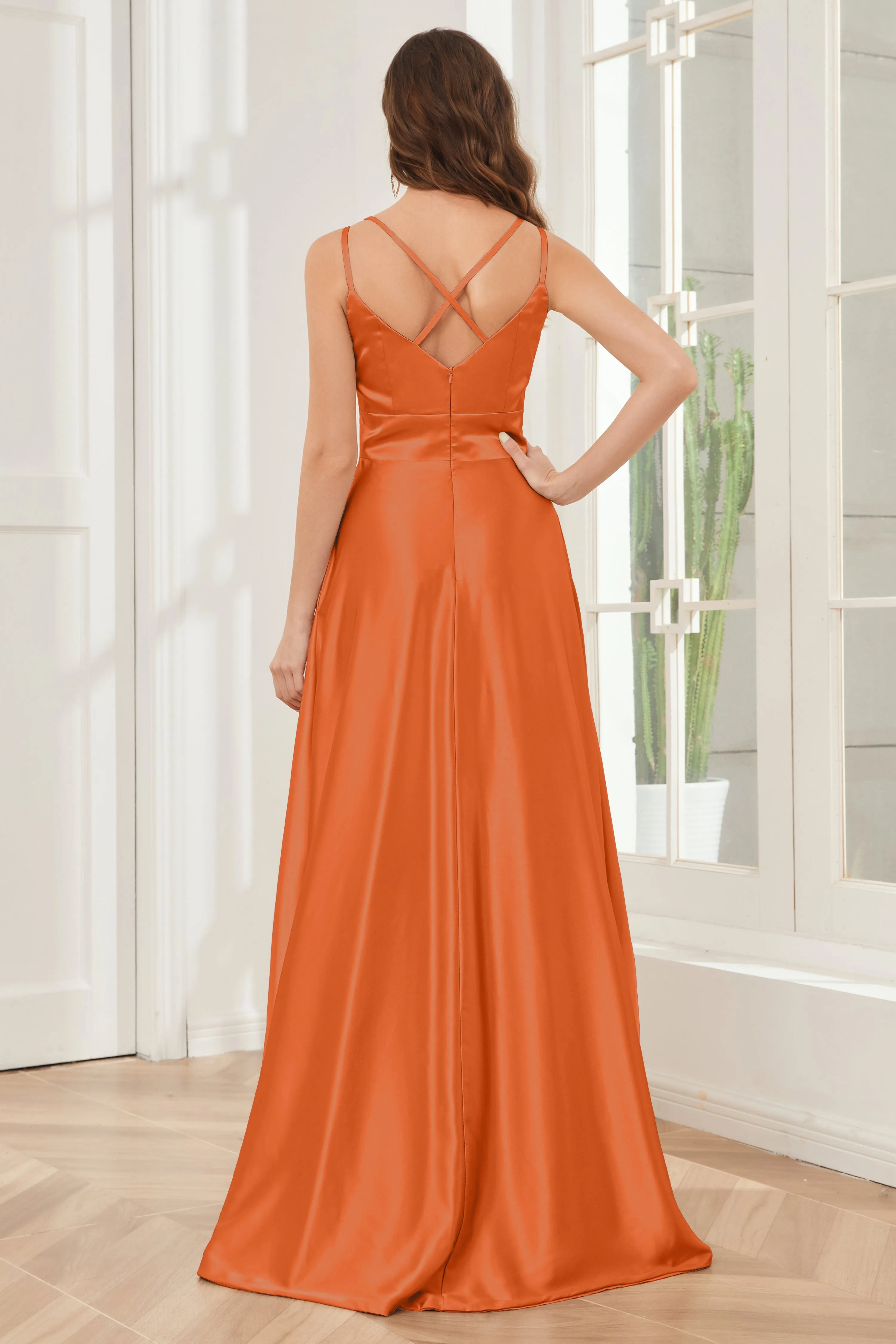 Spaghetti Straps V-neck Soft Satin Bridesmaid Dress