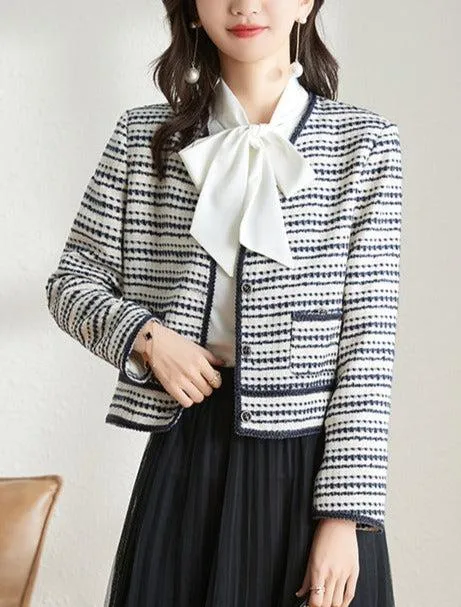 Spring Cream Tweed Jacket Blue Striped Cardigan Blazer Coat