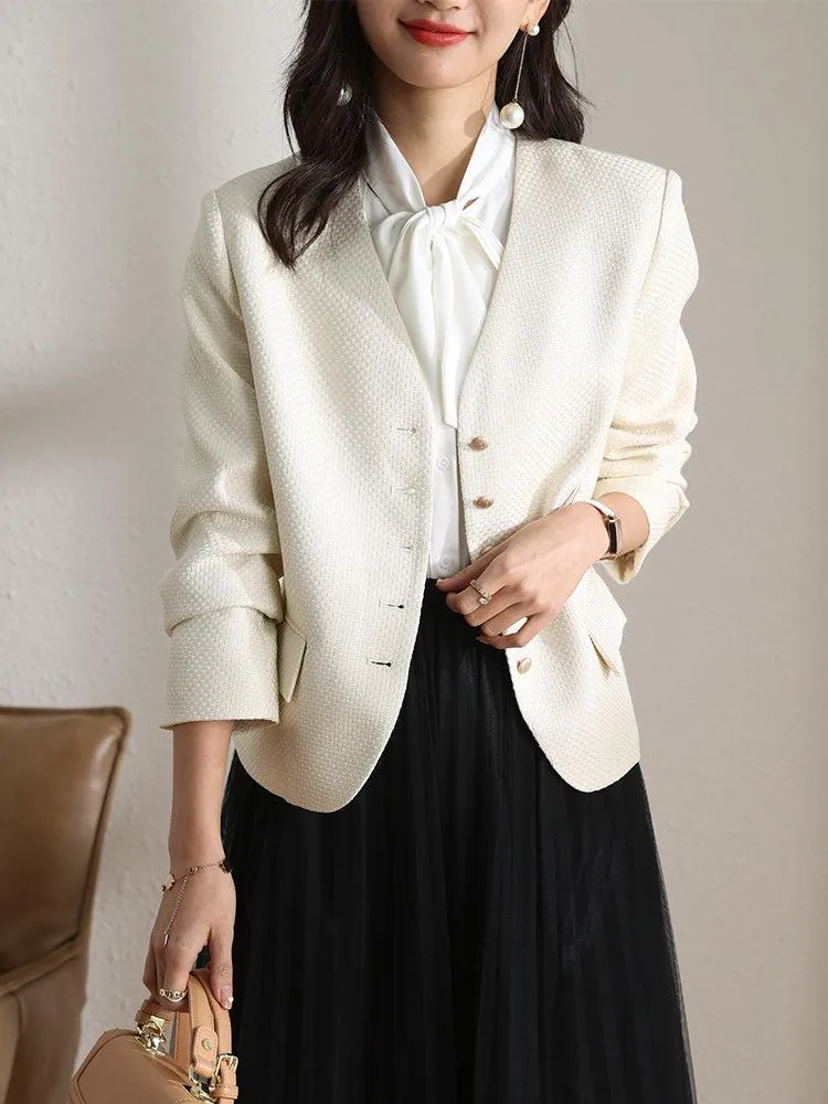 Spring Cream Tweed Jacket Blue Striped Cardigan Blazer Coat