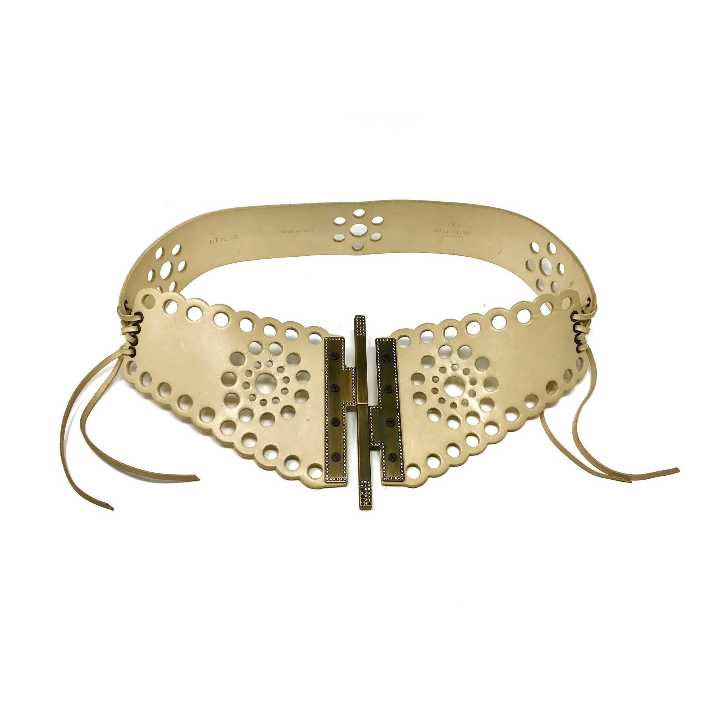 Valentino Garavani Laser Cutwork Leather Corset Belt With Bronze Crystal Buckle