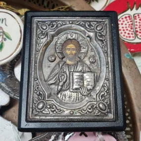 Vintage Saint Jesus Greek icon 950 Silver original art