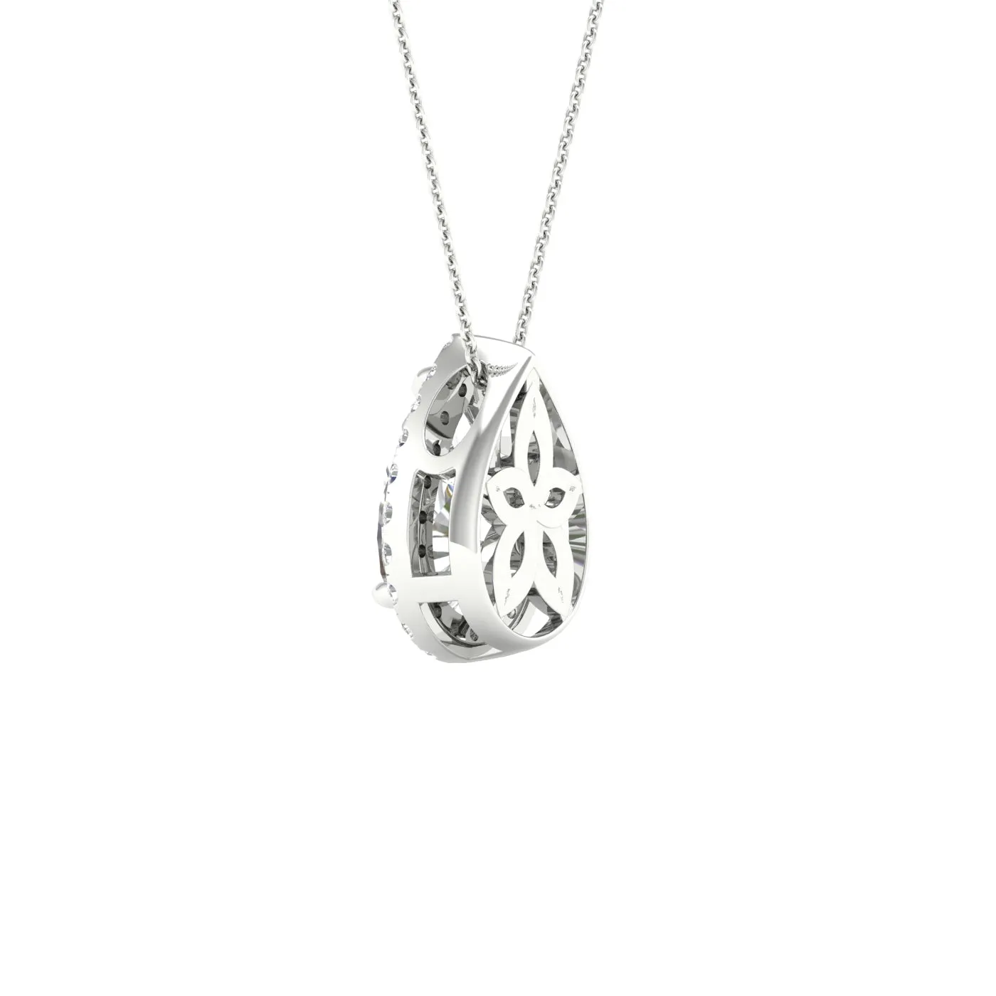 White Gold Pear Cut Pendant With Halo, Chain Included